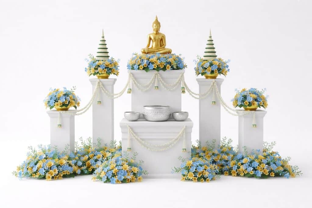 จัดดอกไม้ซุ้มสรงน้ำพระลานกิจกรรม