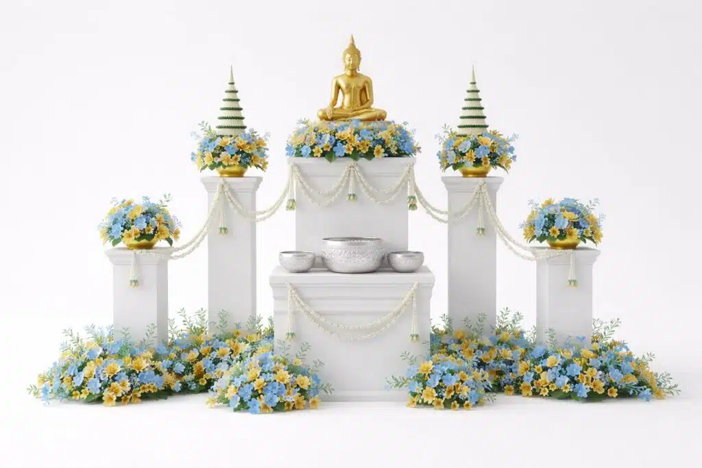 จัดดอกไม้ซุ้มสรงน้ำพระลานกิจกรรม
