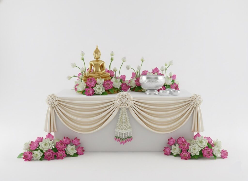 จัดดอกไม้ซุ้มสรงน้ำพระงานพิธีการ