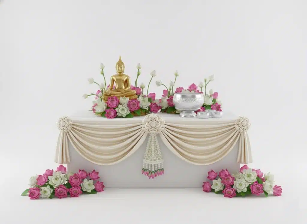จัดดอกไม้ซุ้มสรงน้ำพระงานพิธีการ