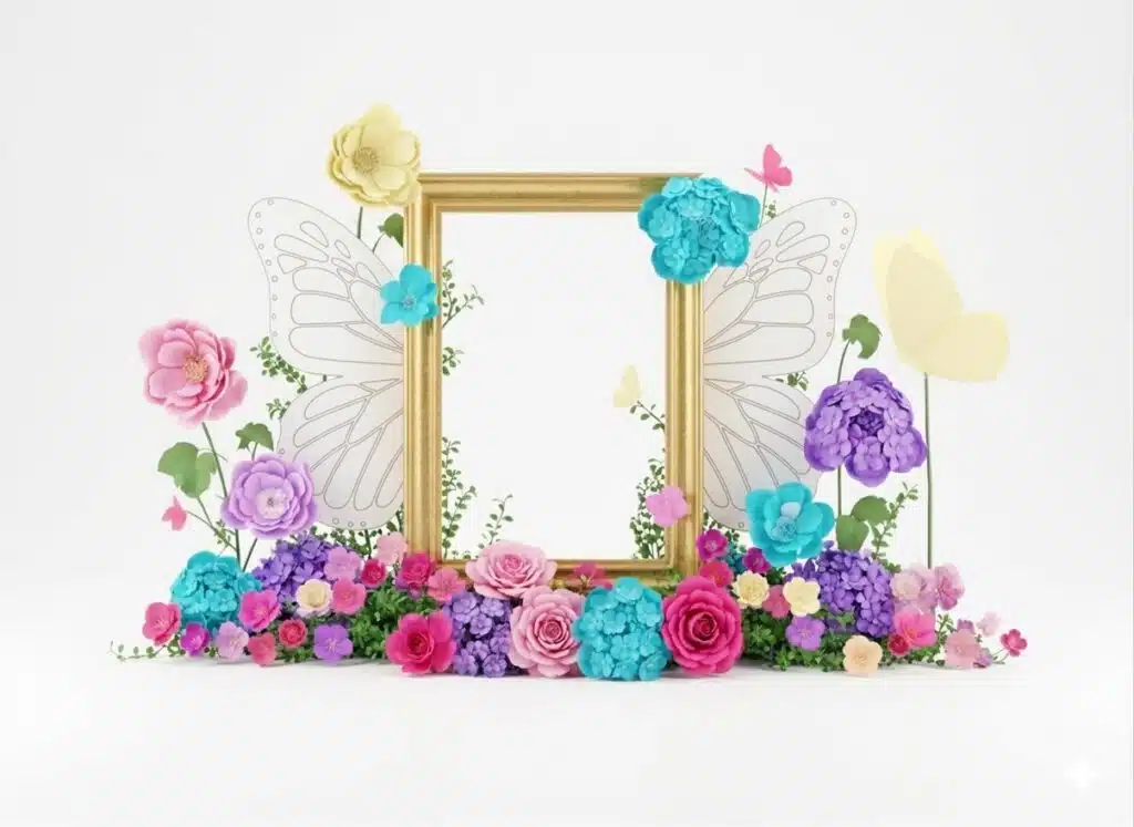 Backdrop ธีม Vivid Flower ดอกไม้ + ปีกผีเสื้อขนาดใหญ่ (frame ถ่ายรูป)